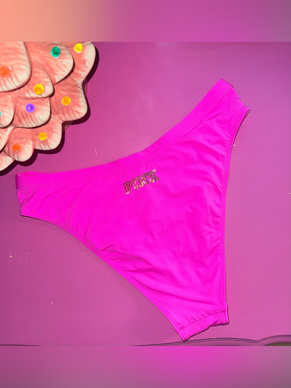 Victorias Secret Pink bikini bottoms L NWOT bright pink gold foil logo
